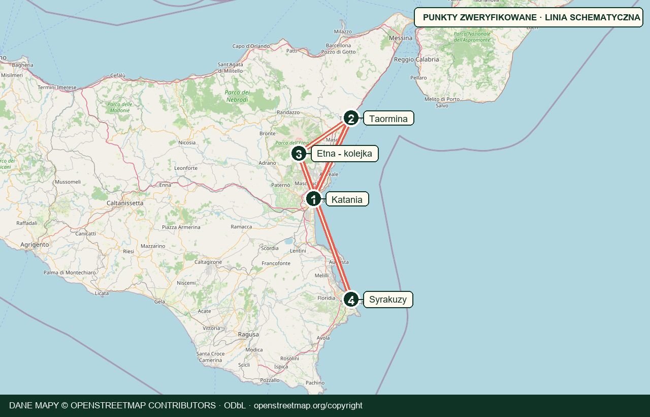 Mapa trasy Sycylia · Taormina · Etna · Syrakuzy